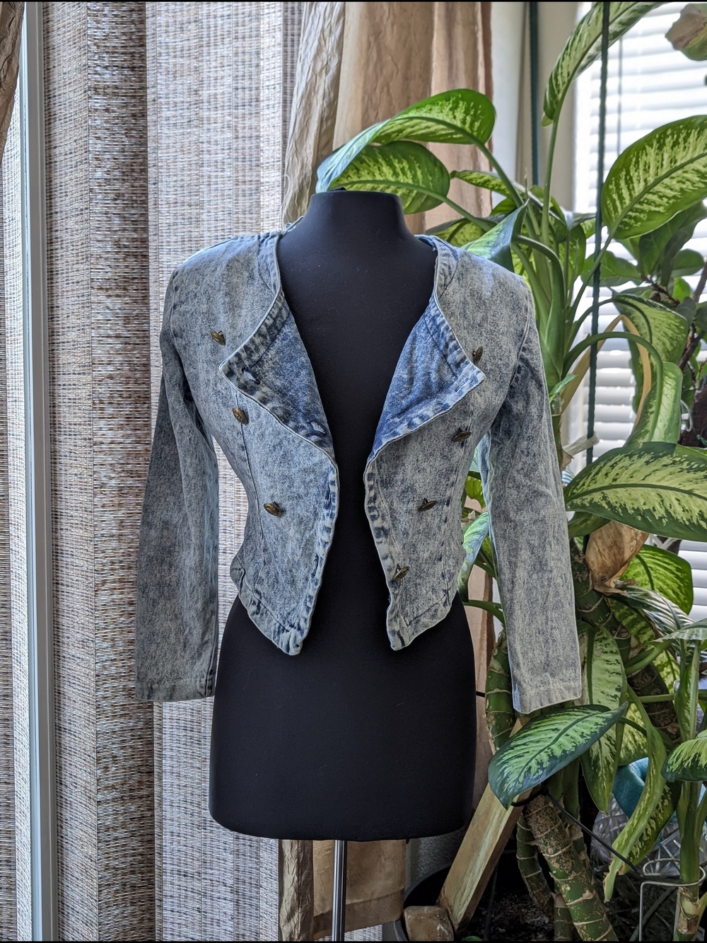 Vintage 80's Cropped Acid-Wash Denim Jacket Military Asymmetrical Jacket